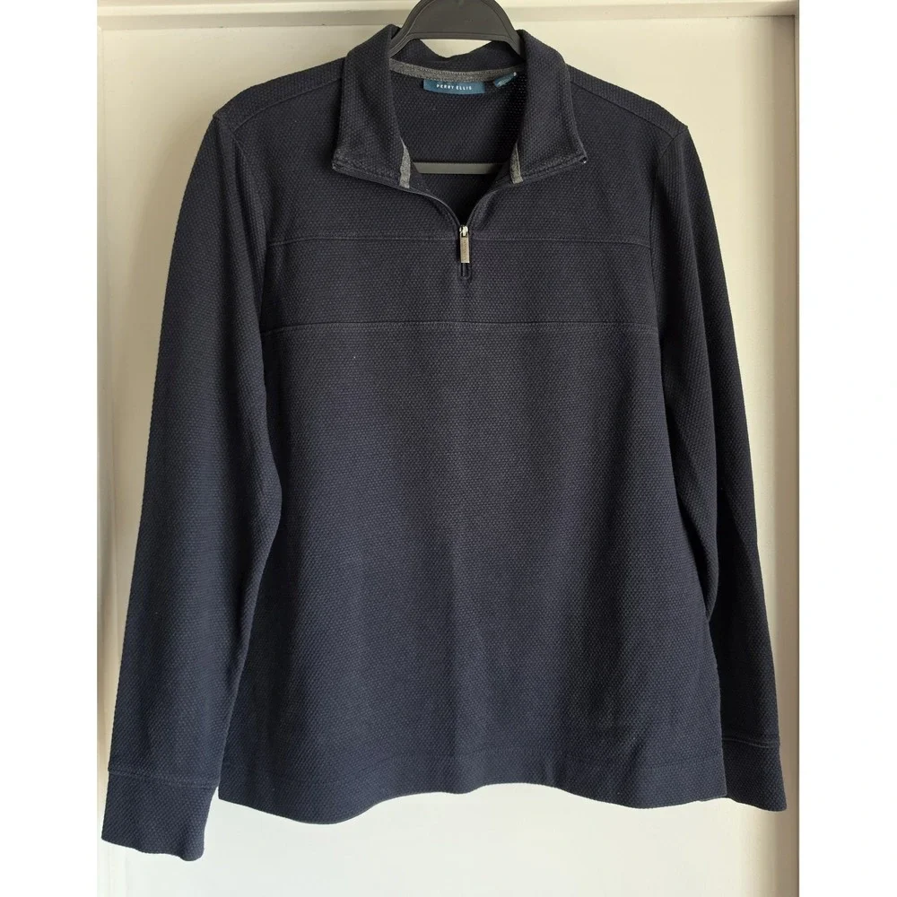Perry Ellis Pullover Sweater Men M Navy Long Sleeve Collared Knit Top Shirt